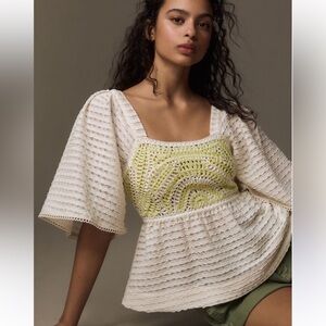 Anthropologie Sarah Hann Flutter Sleeve Crochet Babydoll Top‎